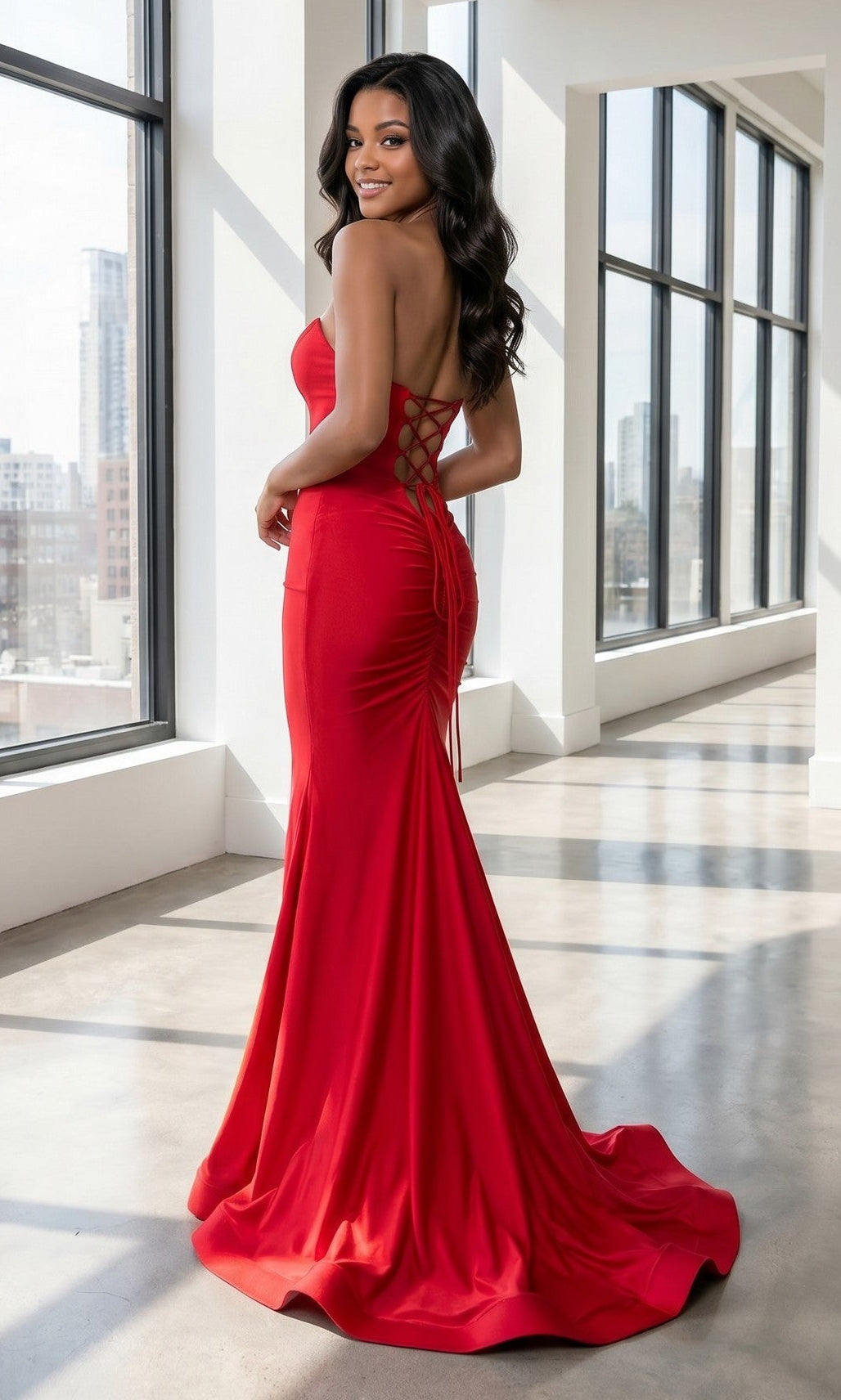 Wearing the Atria 7077H long prom dress, a woman stands in a bright room with large windows, looking over her shoulder and smiling as the fitted, lace-up open back red gown beautifully accentuates her figure.